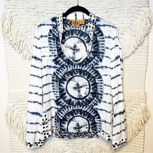 TORY BURCH white and navy blue tie dye embellished long sleeve tunic top 4